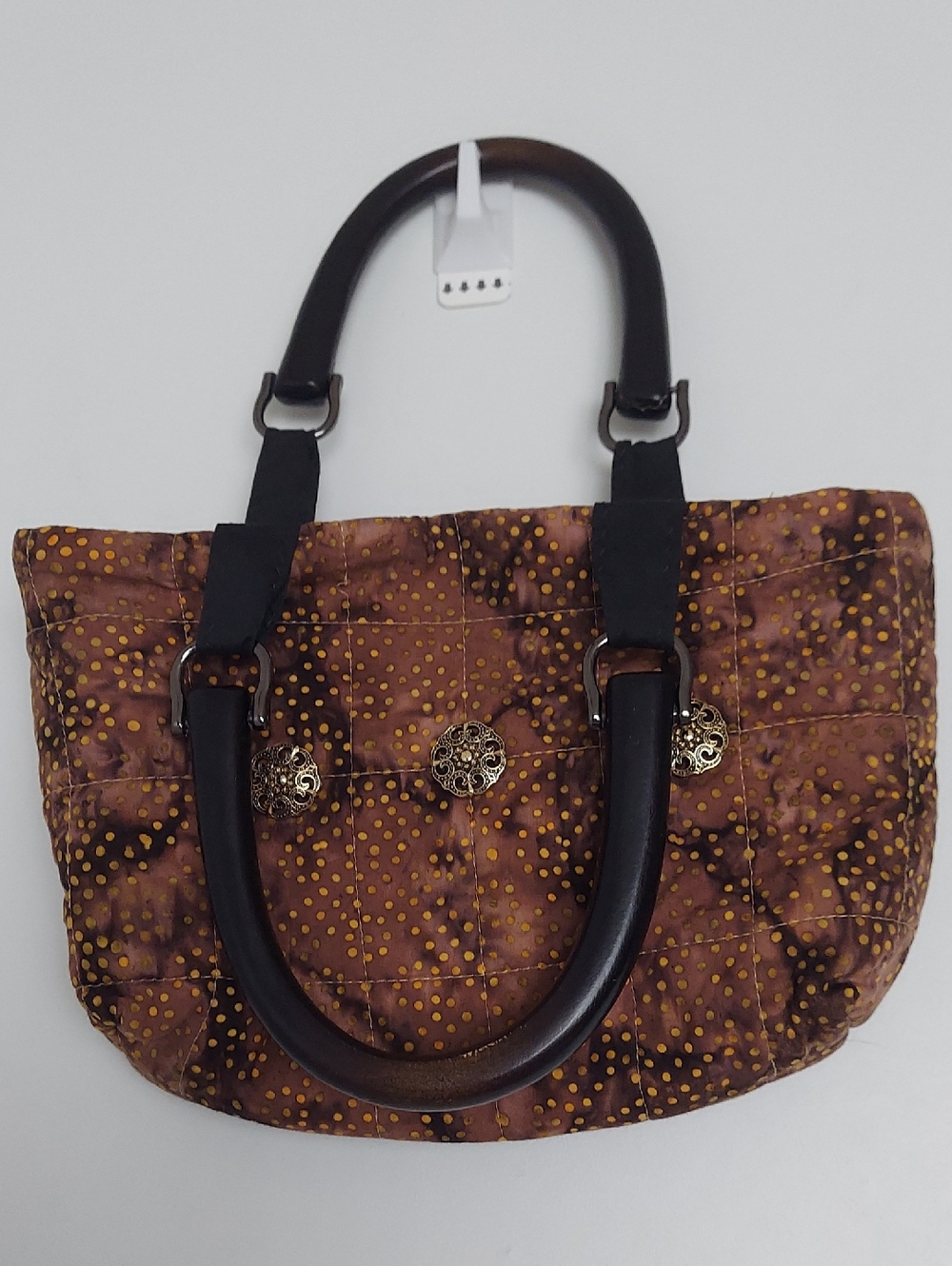 Quilted Brown Dot Tote Bag with Decorative Buttons